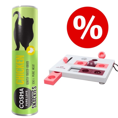 Set Cosma Snackies + Gioco per gatti Trixie Cat Activity Brain Mover - 25 g snack Tonno + gioco