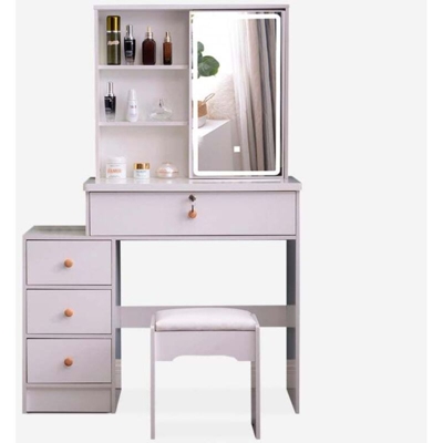 Postazione trucco con specchiera scorrevole luce LED sgabello Andrina