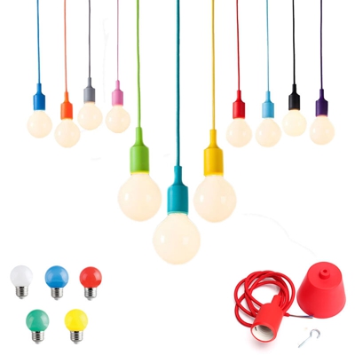 Lampadario minimal 1w led portalampade colorato cavo telato sospensione lampadina miniglobo Luce Blu Colore Viola