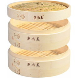 Pentola a vapore di bambù, diametro della barca a vapore di bambù 18 cm (2 * gabbia + 1 * coperchio) Riso al vapore, vapore Xiaolongbao, bambù precio