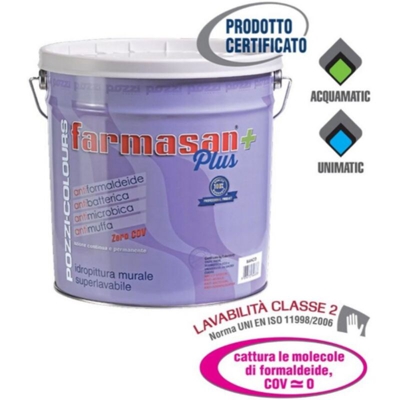 Pozzi 14 Lt Farmasan plus idro pittura lavabile bianca antibatterica antimuffa ed antimicrobica per scuole ospedali e luoghi dove richiesto alto