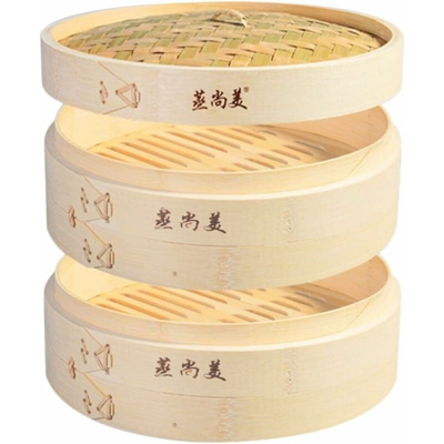 Fornello a vapore di bambù, diametro del vapore di bambù da 24 cm (2 * gabbia + 1 * copertura) Riso cotto a vapore, vapore Xiaolongbao, bambù