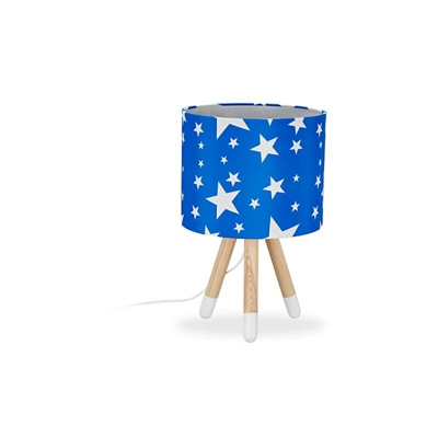 Relaxdays Lampada da tavolo per Bambini,con Stelle,Attacco E14,Gambe in Legno,Paralume in Stoffa,HxD 39,5x25,blu/bianco