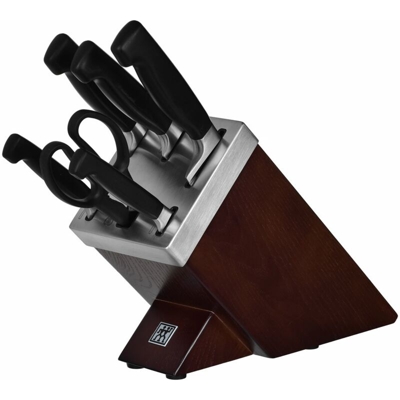 Ceppo di coltelli autoaffilanti, 7 pezzi, ceppo di legno, coltelli e forbici con manici speciali in acciaio inossidabile/plastica, Four Star