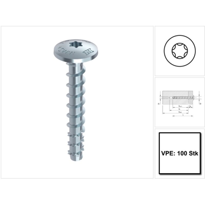 HECO MULTI MONTI plus MS Vite di ancoraggio 7,5 x 40 mm - 100 pz. ( 49854 ) Vite per calcestruzzo, testa tonda piatta, T-Drive, zincata blu, A2K