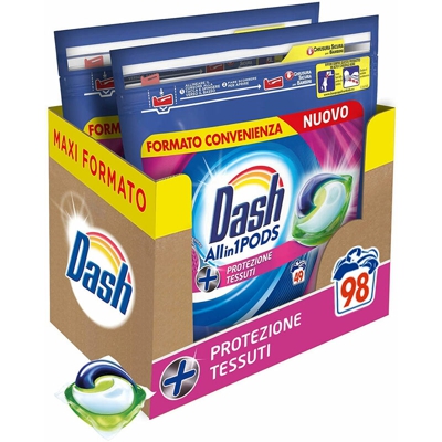 2 x Dash All in 1 Pods Protezione Tessuti Detersivo Lavatrice 98 Capsule Lavaggi