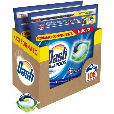 2 x All in 1 Pods Classico Detersivo Lavatrice 108 Lavaggi 2 x 54 Capsule - Dash