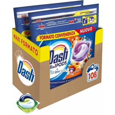 2 x All in 1 Pods Lenor Ambra Detersivo Lavatrice 108 Capsule Lavaggi - Dash