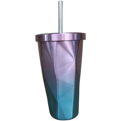 Bicchiere in acciaio inossidabile con tazza da caffè a doppia parete con cannuccia calda e fredda Tazza da caffè con rombo irregolare da 500 ml con