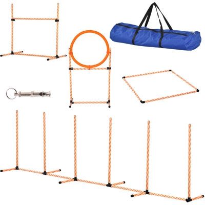 Set Agility Dog per Addestramento Cani con Slalom, Ostacoli Regolabili, Fischietto e Sacca di Trasporto - Pawhut