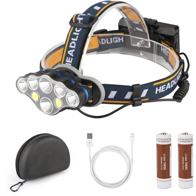 Lampada frontale, 8 LED 18000 lumen Torcia frontale LED USB ricaricabile, potenti torce anteriori impermeabili per campeggio, arrampicata, caccia,