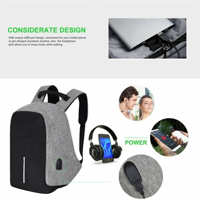 Zaino Scuola università antifurto colore GRIGIO per PC con Cavo USB