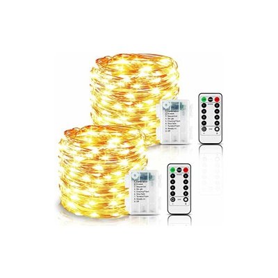 Catena di luci LED a batteria, 2 pezzi 10 m 100 LED impermeabile telecomando e timer luci d'atmosfera illuminazione per stanza, interni, Natale,