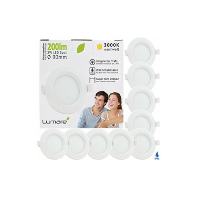 faretto da incasso a LED, 3 W, 230 V, IP44, ultra piatto, set da 9 pezzi, per soggiorno, bagno, 29 mm, profonditÃ di montaggio Mini Slim, bianco