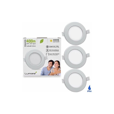 3x Faretto LED IP44 per Bagno e Doccia - Ultrasottile 26mm - Lampada Bianco Caldo da Incasso per Controsoffitto in Cartongesso - 400 Lumen 6W 230V