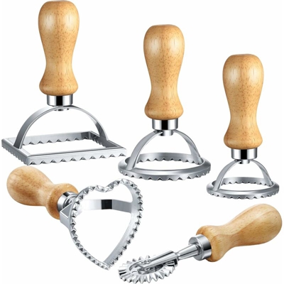 LITZEE Set di 5 ravioli rotondi a forma di cuore ravioli quadrati timbri con manico in legno per ravioli, pasta
