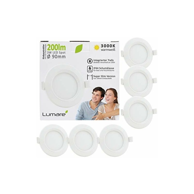 faretto da incasso a LED, 3 W, 230 V, IP44, ultra piatto, set da 6 pezzi, per soggiorno, bagno, 29 mm, profonditÃ di montaggio Mini Slim, bianco