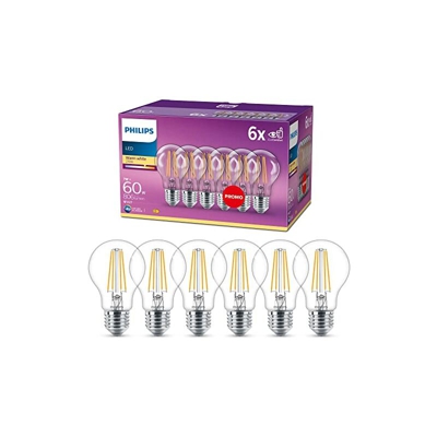 Philips Lampadina LED Goccia Filamento, 6 Pezzi, Equivalente a 60W, Attacco E27, Luce Bianca Calda, non Dimmerabile