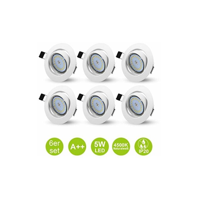 ® Set di 6 faretti da incasso a LED orientabili, 5 W, 230 V, GU10, rotondi, 120°, con lampadine da incasso, colore bianco naturale e attacco GU10