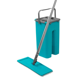 LA067234EU - Set composto da mop piatto doppio e secchio | Strizzatore integrato e raschietto per la rimozione della polvere | Turchese/grigio en oferta