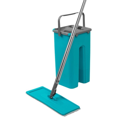 LA067234EU - Set composto da mop piatto doppio e secchio | Strizzatore integrato e raschietto per la rimozione della polvere | Turchese/grigio