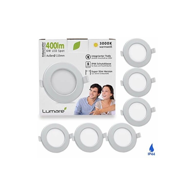 6x Faretto LED IP44 per Bagno e Doccia - Ultrasottile 26mm - Lampada Bianco Caldo da Incasso per Controsoffitto in Cartongesso - 400 Lumen 6W 230V