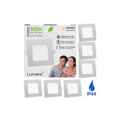 6x Faretto LED IP44 per Bagno e Doccia - Ultrasottile 26mm - Lampada Bianco Caldo da Incasso per Controsoffitto in Cartongesso - 360 Lumen 6W 230V