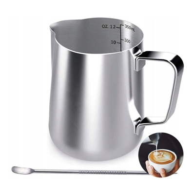 Perle Rareit - Borsa in acciaio inox in acciaio inox da 350 ml, tazza da caffè con latte con marchio di misurazione e penna di arte latte, cappuccino