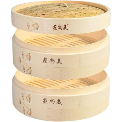 Pentola a vapore di bambù, diametro 21 cm di vapore di bambù (2 * gabbia + 1 * coperchio) riso al vapore, vapore Xiaolongbao, bambù naturale Moso,