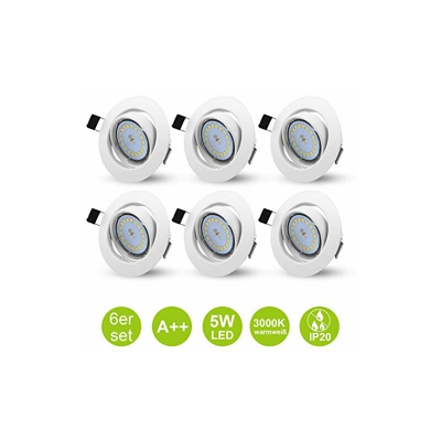 Set di 6 faretti da incasso a LED, GU10, orientabili, da incasso, 230 V, con lampadina bianca calda da 5 W + attacco GU10