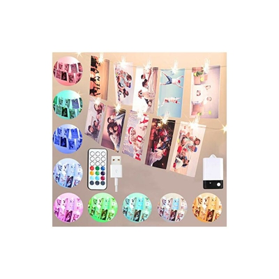 Catena luminosa con 50 luci a LED, per interni, luce bianca calda e colorata, con clip per foto, 5 m, 50 clip USB, ideale per la cameretta dei