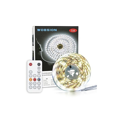 Striscia LED bianca, 5 m, bianco freddo, con telecomando RF e adattatore UL, 6000 K, 300 LED, striscia LED bianca per armadio, cucina, soggiorno,