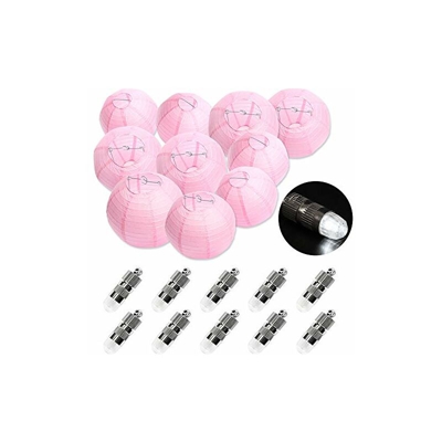 Set di 10 lanterne di carta rosa (25 cm) + 10 mini palloncini a LED a luce bianca fredda, rotondi, per matrimoni, giardini, decorazioni, da 25 cm