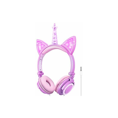 Cuffie per bambini con unicorno, 85 dB, volume 85 dB, con cavo per ragazze con orecchie di gatto, pieghevoli, unicorno per bambini (viola) - Sunvito