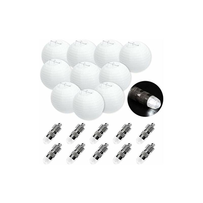 10 lanterne di carta bianca (25 cm) + 10 mini palloncini a LED bianco caldo, rotondi, paralume per matrimonio, giardino, decorazione da giardino