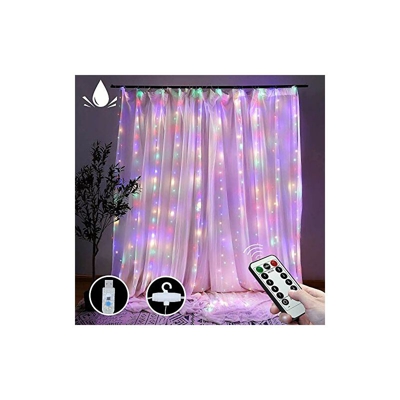 Amazer-T - Luci per tenda a LED, con telecomando e timer, 300 LED, 8 modalità , 3 x 3 m, alimentate tramite USB, per decorazioni feste (multicolore)