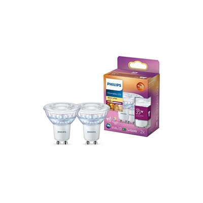Philips Faretto LED, 2 Pezzi, Equivalente a 35W, Attacco GU10, Luce Bianca Calda, Dimmerabile