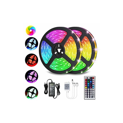 Striscia LED da 10 m, 2 x 5 m, SMD5050 RGB 300 LED, con telecomando IR a 44 chiavi, striscia luminosa 20 colori e 8 modalitÃ , luminositÃ regolabile