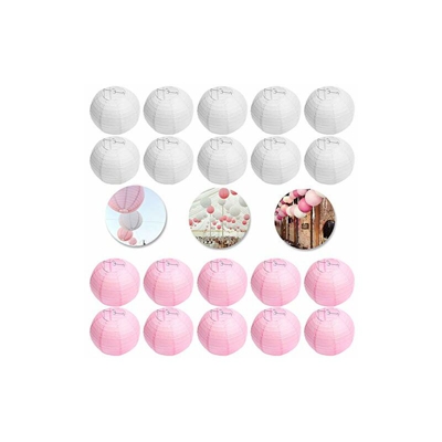 Set di lanterne di carta rotonde a forma di sfera (10 bianche + 10 rosa), per matrimonio, chiesa, giardino, decorazione per feste (25 cm) - Fullberg