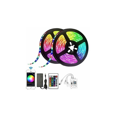 GEYUEYA - Striscia luminosa a LED WiFi, per sincronizzazione musicale, impermeabile, 12 V, 10 m, 5050, 600 LED, con cavo di alimentazione per casa,