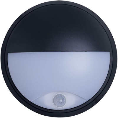 Lampada Tonda da Parete per Esterno con Visiera Diametro 215mm 700Lumen 10W tonalitÃ Luce 4000K sensori Movimento e crepuscolare, Bianco, Nero, 215