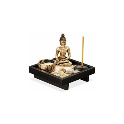 Giardino Zen, con Buddha, Pietre, Sabbia, Porta Incenso & Portalumino, Rilassante, Decorazione Feng Shui, nero, 1 pz - Relaxdays