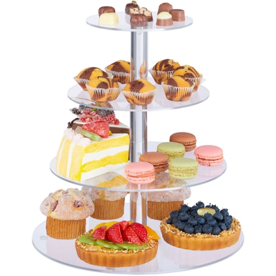 Alzata a 4 Piani, Alzatina con Vassoi Rotondi per Torte, Dolci, Biscotti, Frutta, in Acrilico, Trasparente