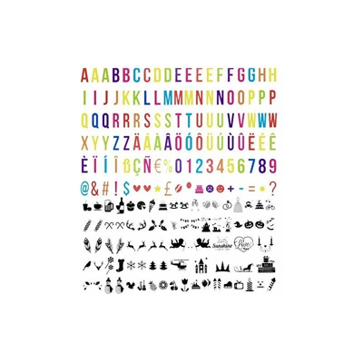 194 lettere colorate con emoticon nere, per insegne luminose in formato A4, A3, A5, senza scatola luminosa.