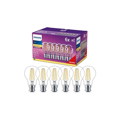 Philips Lampadina LED Goccia Filamento, 6 Pezzi, Equivalente a 60W, Attacco B22, Luce Bianca Calda, non Dimmerabile