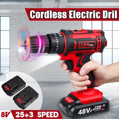 Drillpro - Trapano a percussione elettrico a batteria ricaricabile 48V 25 + 3 velocità Luce di lavoro a LED incorporata Parametri a 3 fasi Trapano