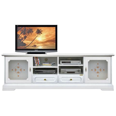 Mobile Tv Bianco Made In Italy, 2 Ante Con Vetri Decorati, L: 200 - H 63.5 Cm