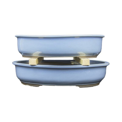 Vasi per bonsai Giapponesi Morrisan ovali in gres smaltati azzurro (Set da n.2 pezzi) - B22-40