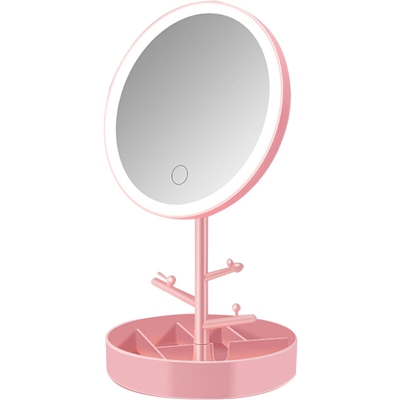 Specchio per il trucco di forma rotonda con lampada Base di stoccaggio per specchio da tavolo ricaricabile con regolazione a 3 ingranaggi,Rosa | Base