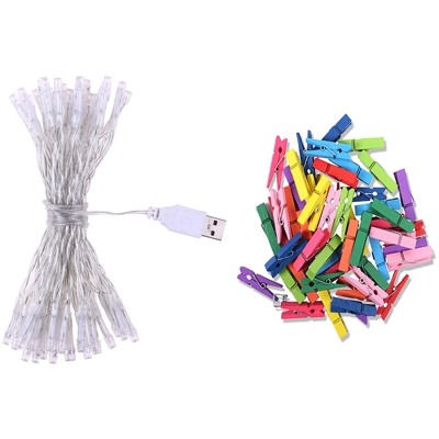 4.0M 40 luci USB String Light + 40Pcs Clip in legno a colori casuali Clip per foto fai-da-te Decorazione della stanza,1 kit